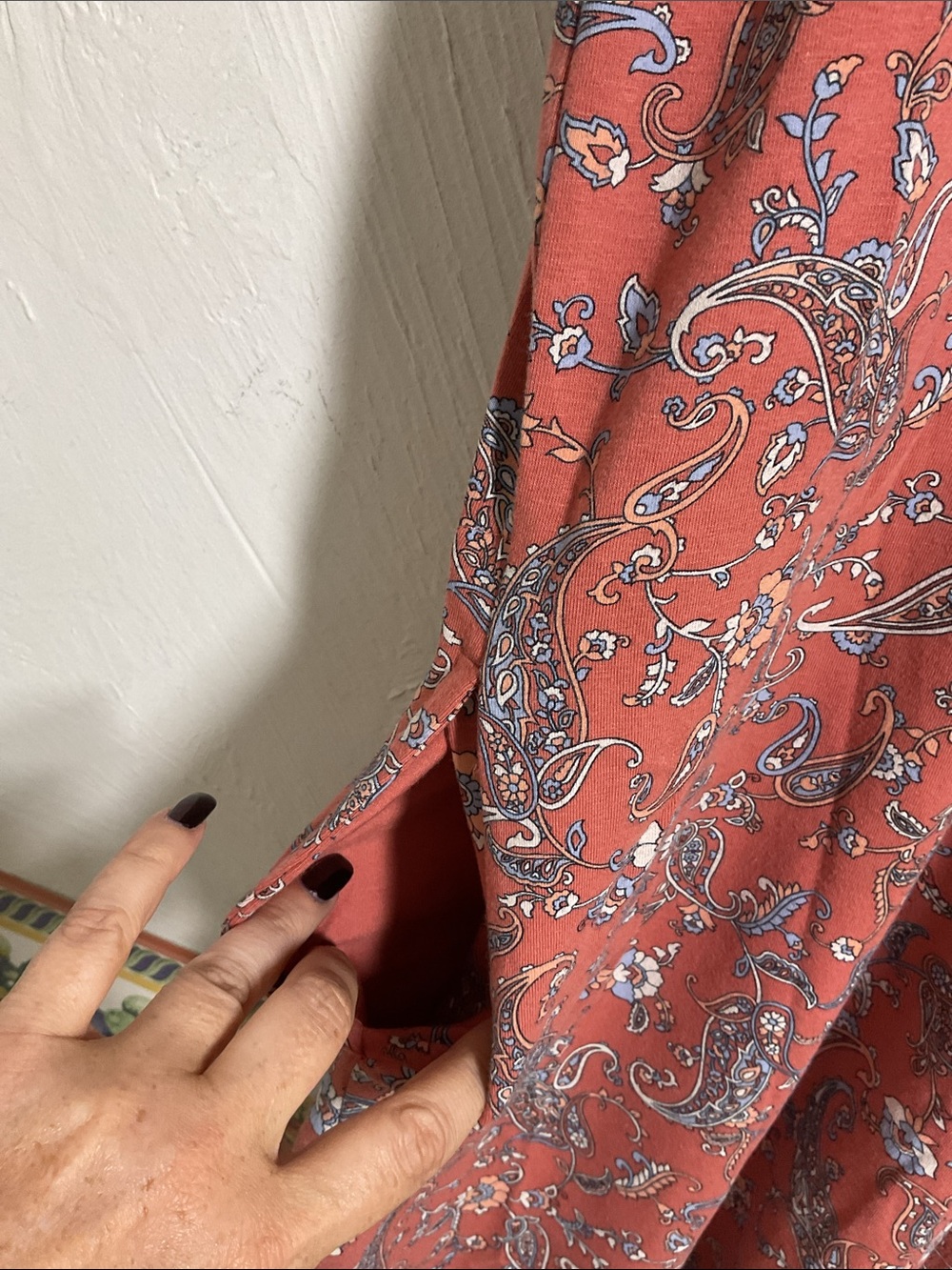 J.Jill Terracotta Paisley Pleated Notch V Neck Knit Dress Pockets Size S Petite - Picture 7 of 10